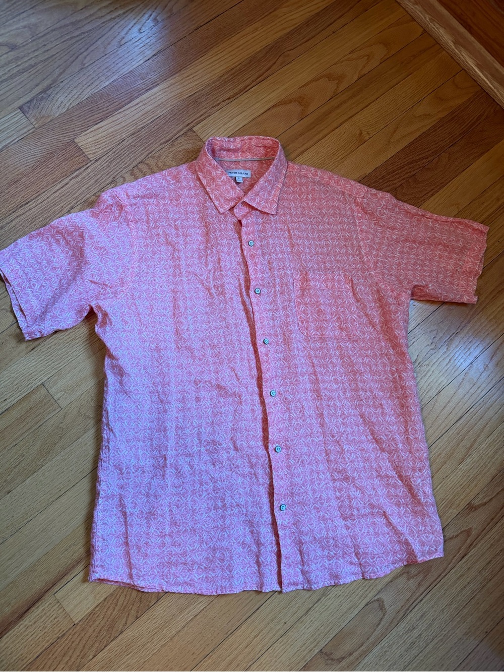 Peter Millar Volta Linen Men's Short-Sleeve Button-Up Shirt in Coral Size L